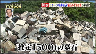 墓石の不法投棄問題のテレビ放送画面。大問題です!